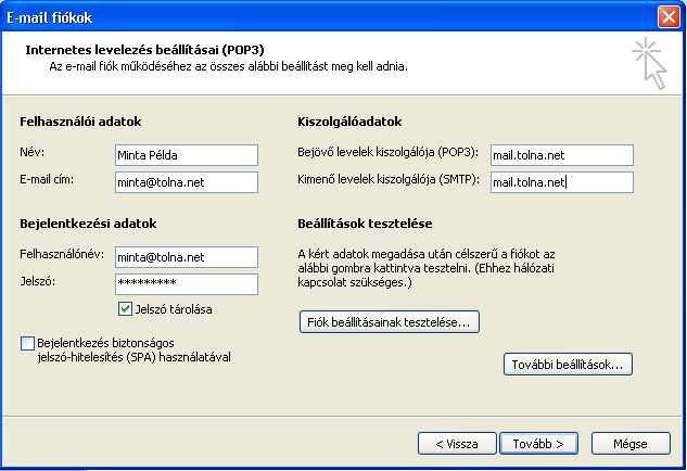A következő lépésben a levelezési kiszolgáló típusát és nevét kell megadnia. A Bejövő levelek kiszolgálója (POP3), valamint a Kimenő levelek kiszolgálója (SMTP) mezőbe egyaránt mail.tolna.