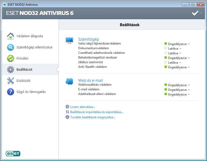 4. Az ESET NOD32 Antivirus használata Az ESET NOD32 Antivirus beállításai lehetővé teszik a számítógép.