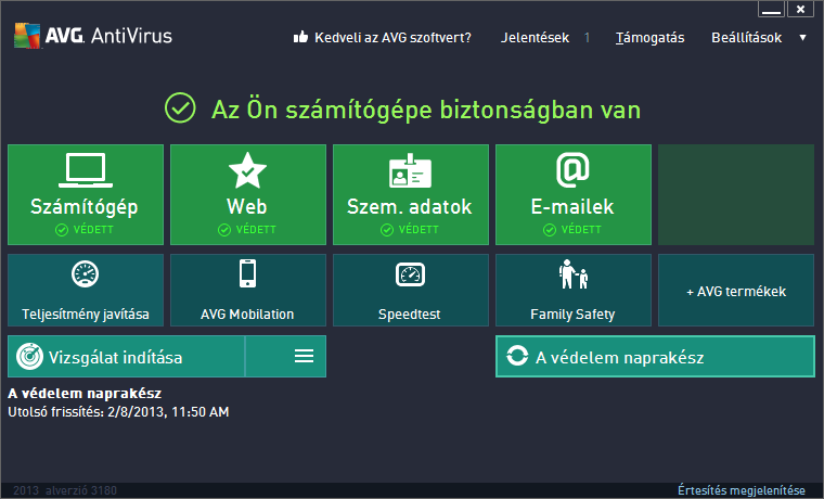 5. AVG felhasználói felület Az AVG AntiVirus 2013 a főablakkal együtt nyílik meg: A főablak több részből áll: A Felső navigációs sáv négy aktív hivatkozásból áll, amelyek a főablak felső részén