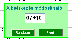 Ekkor valamennyi adat ennek megfelelően frissül, jelzi a dolgozó munkarendjét, a munkarendhez tartozó Munkaidőt és Peremidőt.