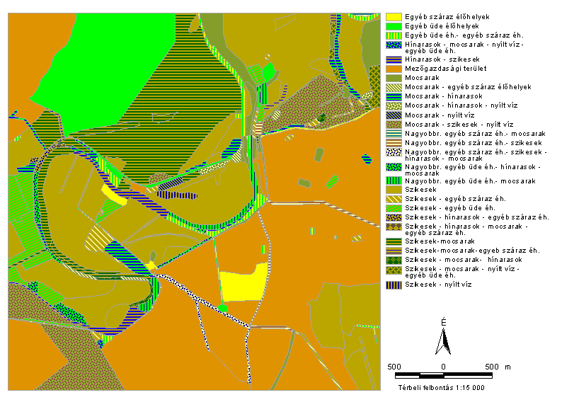 Vizes-szikes jelleget ábrázoló élőhelytérképek A Hortobágy-Berettyó környéki mintanégyzetben a vizes-szikes jelleg szerint főcsoport szinten 27, a részletes besorolást tekintve pedig 44 féle típust