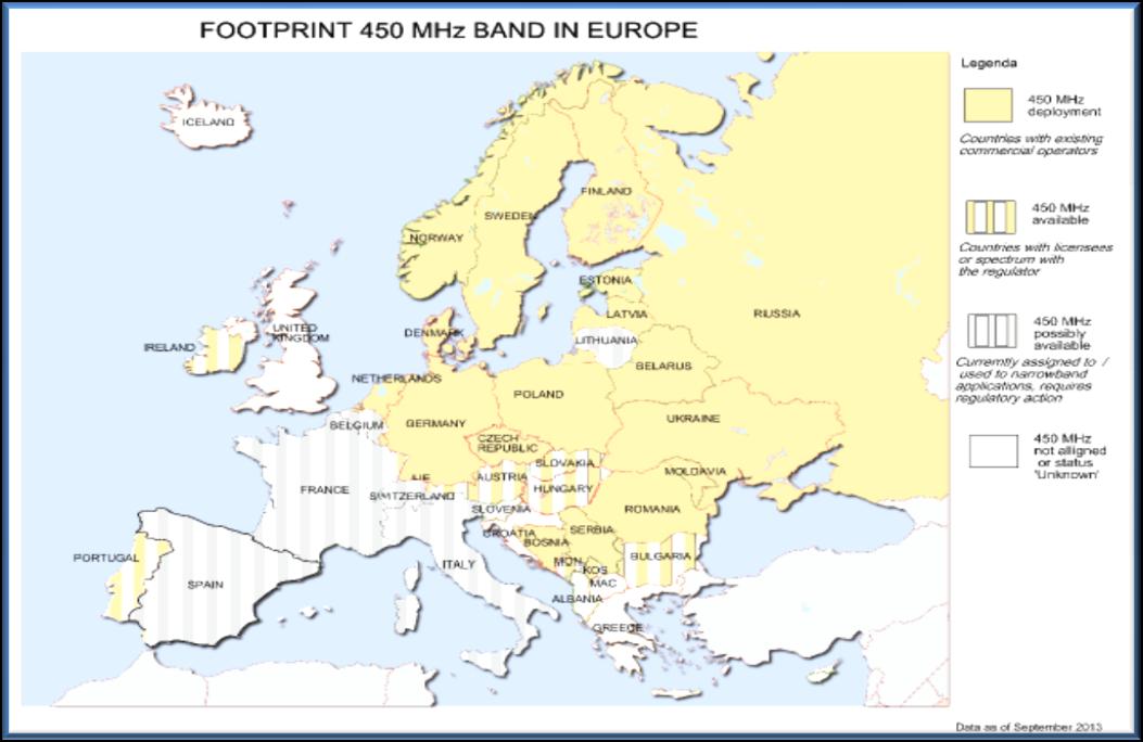 450 mhz lefedettség európában Forrás: 450Alliance, data as of September, 2013 A 450 MHz-es hálózatokat széleskörűen