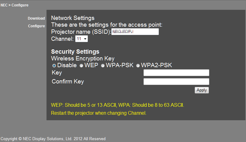 Ekkor megjelenik a Welcome to the NEC Projector Server képernyő. Ez a képernyő mindig angolul jelenik meg. 4. Kattintson a képernyő bal felső sarkában lévő Configure gombra.