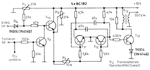 zetjük keresztül, hogy szinkronizáláshoz alkalmas tûimpulzusokat kapjunk. A tûimpulzusokat a vízszintes szinkronjelképzõ multivibrátor osztott kollektorellenállására vezetjük.