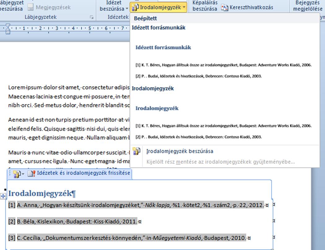 Irodalomjegyzék beszúrása A szöveg végére, a