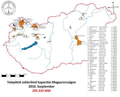 A megújuló energiaforrások Mindezen nehézségek ellenére 2009. (december 31.) végén Magyarországon 31 helyszínen 108 db szélerőmű volt üzemben 201,325 MW összteljesítménnyel.