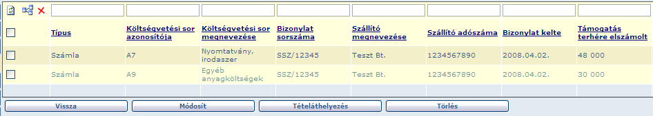 Tételáthelyezés Áthelyezni kívánt bizonylat kijelölése