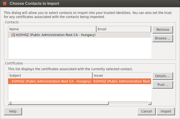 Adobe Reader 9 esetén Nyissa meg az ellenőrizni kívánt Számlázz.hu-s e-számlát az Adobe Acrobat Readerben, majd indítsa el a Menü > Document > Managed trusted identities.