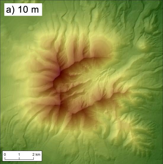 7. Hibák a DTM-ben 7.3. ábra: Felbontás romlásának hatása néhány domborzati paraméterre az arizonai San Francisco vulkán példáján.