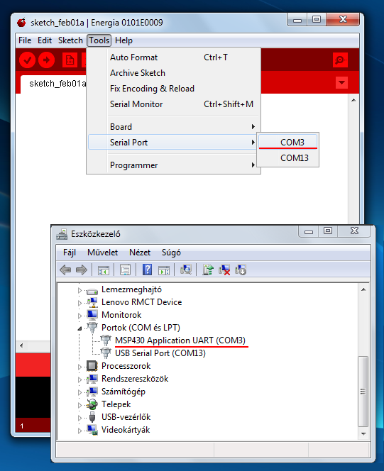A kommunikációs port beállítása Ha több port is elérhető, akkor az Eszközkezelőben kell