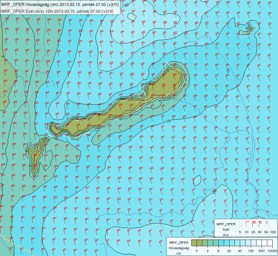 A. B. 8. ábra A WRF modell által számított hőmérséklet (A ábra) és hó vastagság (B ábra) 2013.03.15.07 UTC-re.