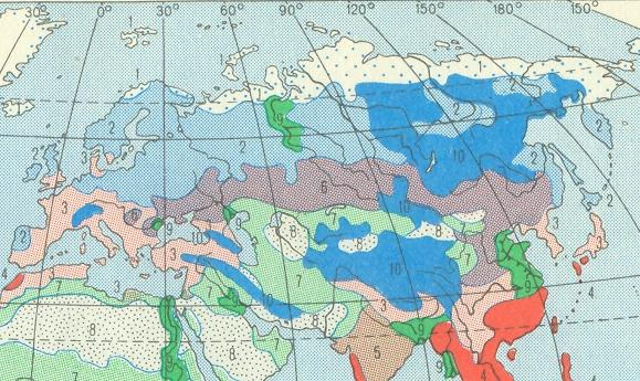 Eurázsia talajtérképe 1 Tundra talajok 2 Podzol- és podzolos talajok 3 Barna erdei talajok 4 Vörösföld, sárgaföld, laterit 5 Szavannák vörös-, barna és fekete talaja [Indiában és Afrikában (a