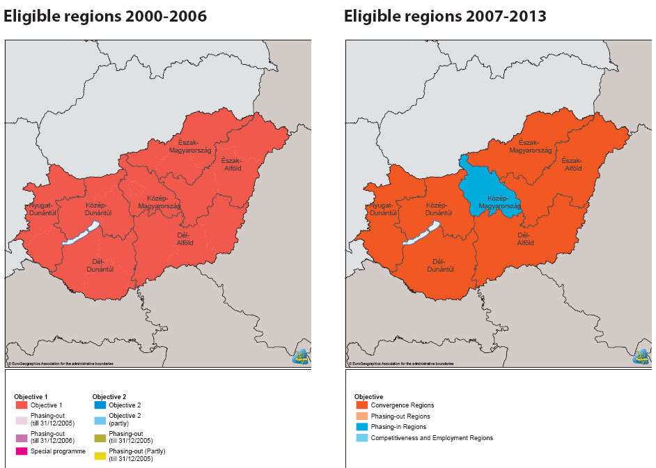 Magyarország támogatásra jogosult régiói, 2000-2006; 2007-2013.