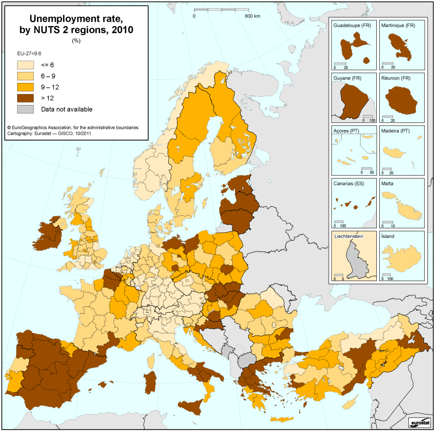 Ugrásszerűen nőtt a munkanélküliek aránya 2009-ről 2010-re Bulgáriában, Dániában, Görögországban, Hollandiában, Lengyelországban, Szlovéniában,
