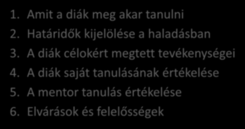 Mentor és mentorált szerződése 1. Amit a diák meg akar tanulni 2. Határidők kijelölése a haladásban 3.
