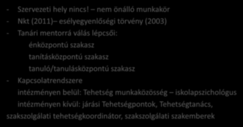 A mentor helye, kompetenciái, kapcsolatrendszere - Szervezeti hely nincs!