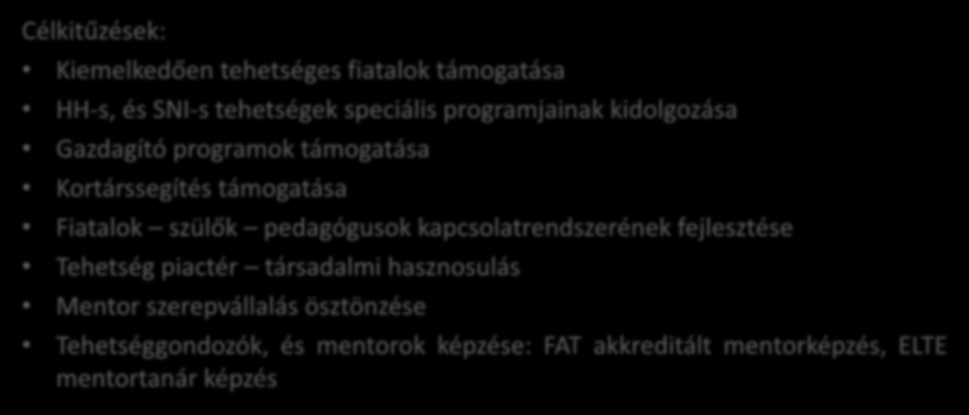 MATEHETSZ Géniusz Tehetséghidak Tálentum programok - alprojektek Célkitűzések: Kiemelkedően tehetséges fiatalok támogatása HH-s, és SNI-s tehetségek speciális programjainak kidolgozása Gazdagító