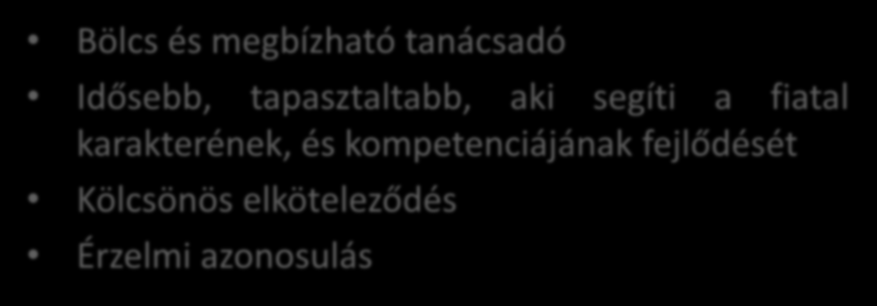 A mentor jellemzői Bölcs és megbízható tanácsadó Idősebb, tapasztaltabb, aki segíti a
