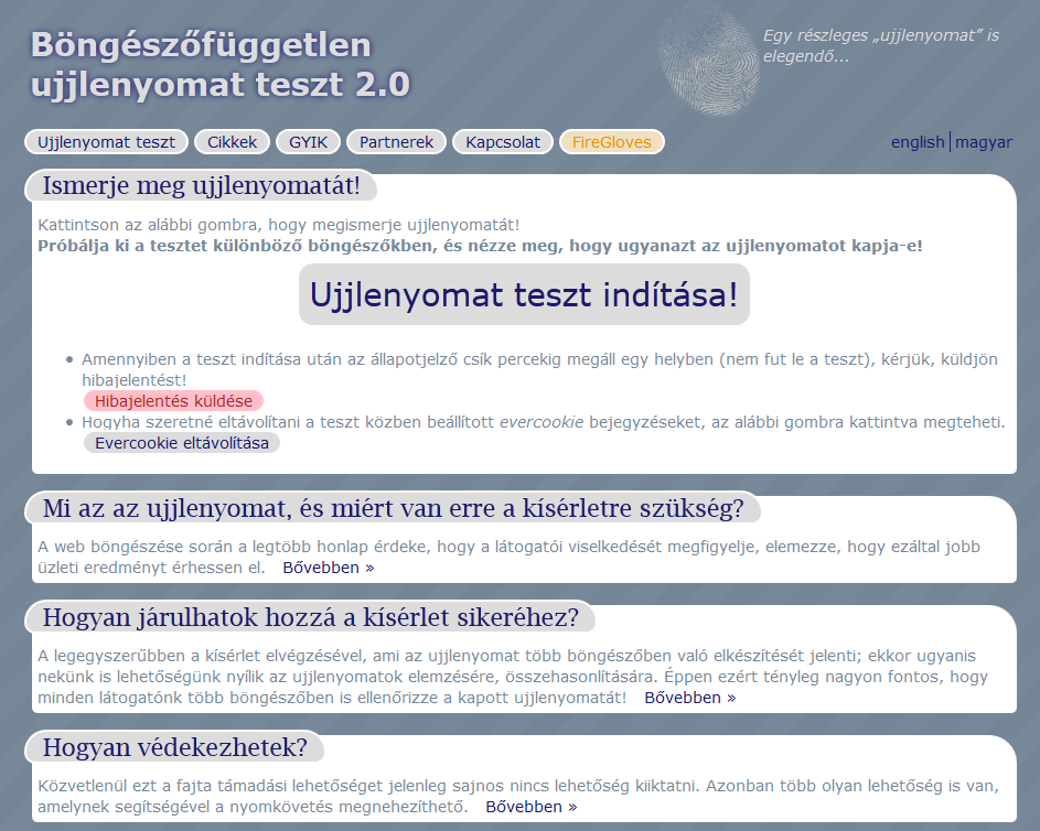 9. ábra - A Böngészőfüggetlen ujjlenyomat teszt 2.0 kezdőlapja 5.1.4.