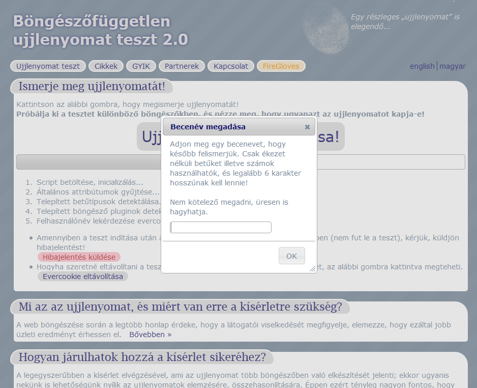 Képernyőképek A Böngészőfüggetlen ujjlenyomat teszt