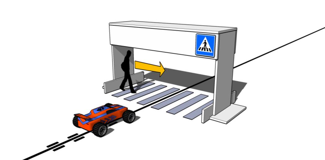 5. ábra Sávváltás Gyalogátkelő V1.1 Ennél a pályaelemnél a robot egy kapuval szimbolizált gyalogátkelőhöz érkezik (6.