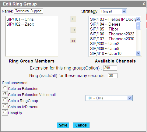 3.5 ábra Ring Group minta Sales csoport A 3.5 ábrán a Sales nevű csoport példa beállításit látjuk.