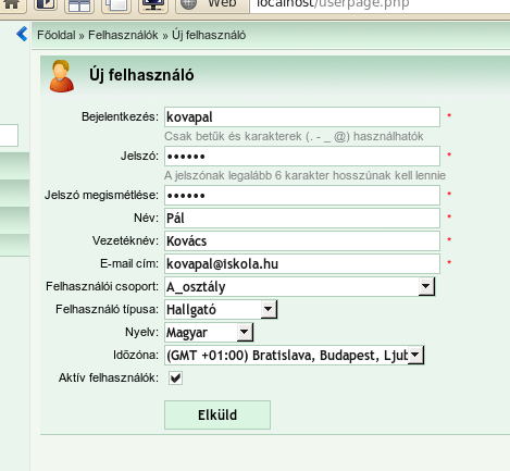 SULIXLEARNING DOKUMENTÁCIÓ kus felületen keresztül van lehetőség a meglévő felhasználók módosítására és új felhasználók létrehozására.