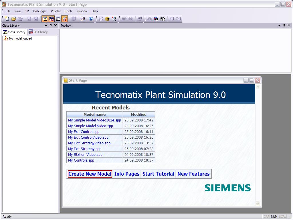 ábra: Plant Simulation kezdő felülete Itt kattintson a Create New Model (új modell készítése képen piros négyszöggel