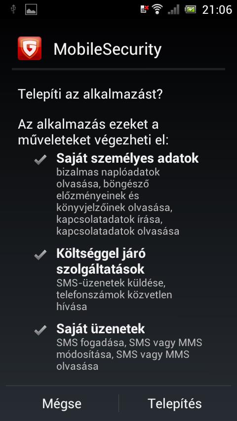 A telepítés első lépéseként a telefon megkérdezi, hogy melyik alkalmazás segítségével kívánja telepíteni a G Data