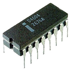 Az Intel 4004-es mikroprocesszor fizikai megvalósítási terve (balra), ami a nyomtatott áramköri rajzolat analógiája integrált áramkörökre.