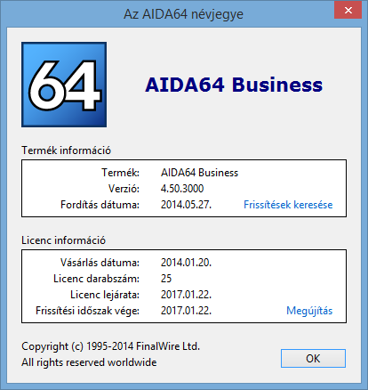 Súgó FRISSÍTÉSEK KERESÉSE Az AIDA64 frissítéseinek keresését bármikor elindíthatjuk manuálisan, de a szoftver az általunk beállított rendszerességgel automatikusan is ellenőrizheti a frissességét.