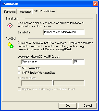 7 képernyőábra - SMTP beállítások SMTP beállítások fül E-mail cím: Adja meg azt az e-mail címet, ahová a program az elküldött faxokról szóló jelentést küldje.