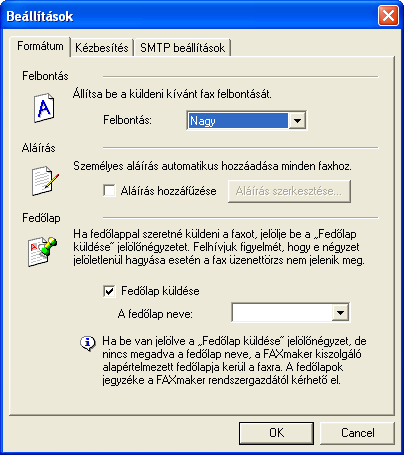5 képernyőábra FAX formátum beállításai Formátum fül Felbontás: Itt választhatja ki az elküldendő fax felbontását. Aláírás: Itt választhatja ki a faxokhoz hozzáfűzendő aláírást.