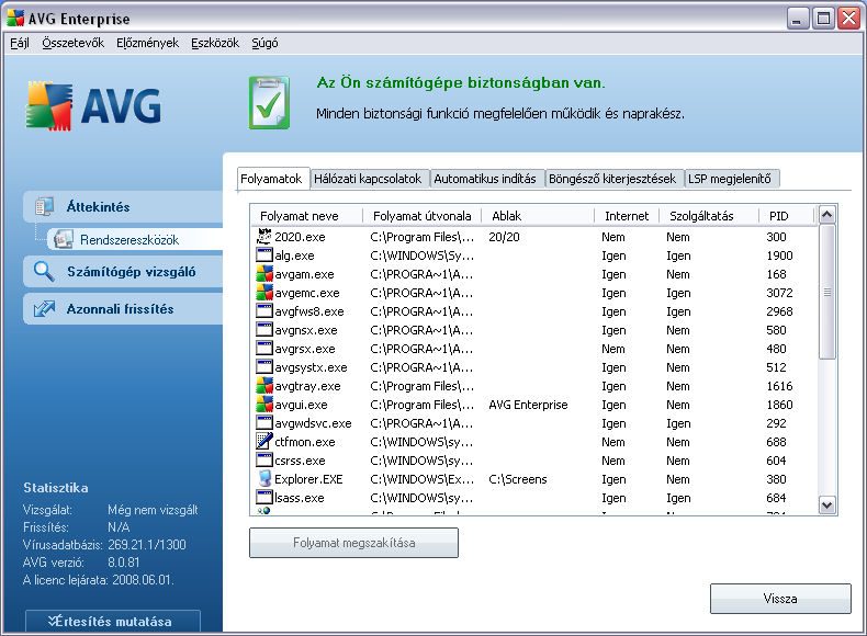 Vezérlogombok elérheto: Rootkit-ek keresése - mivel a rootkit vizsgálat nem része a Számítógép teljes vizsgálata funkciónak, ezért azt az Anti-Rootkit felületrol indíthatja ezzel a gombbal.