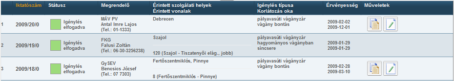 Az igénylések lekérdezése: A lekérdezés eredménye a menetvonal-igényeknél megszokott módon kiexportálható Excel