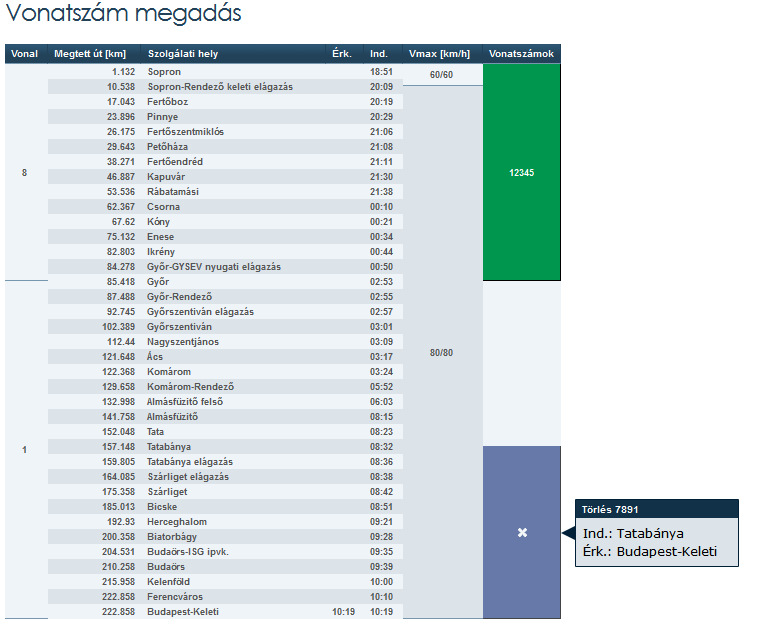 A már megadott vonatszámokat a vasútvállalatokra jellemző színnel jeleníti meg a rendszer.