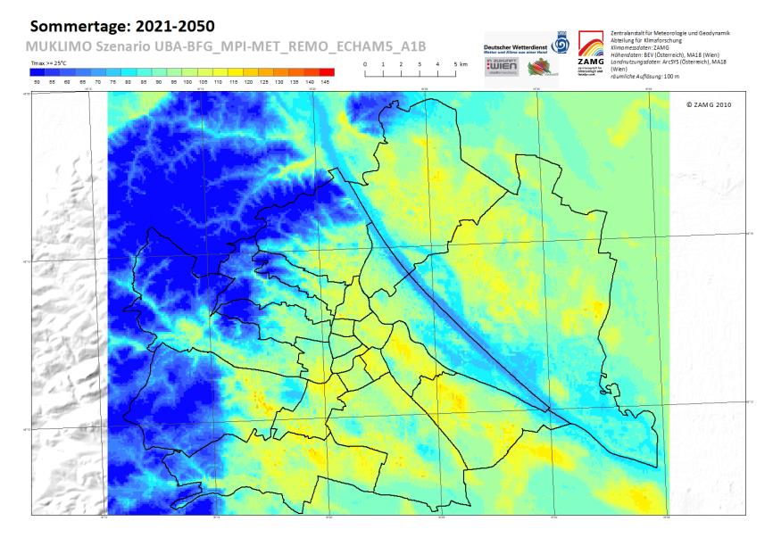 MUKLIMO Példák (Bécs) Klímaváltozás Referencia: 1971-2000 A2-2021-2050 B1-2021-2050 A1B - 2021-2050 Nyári napok (T max >25 C)