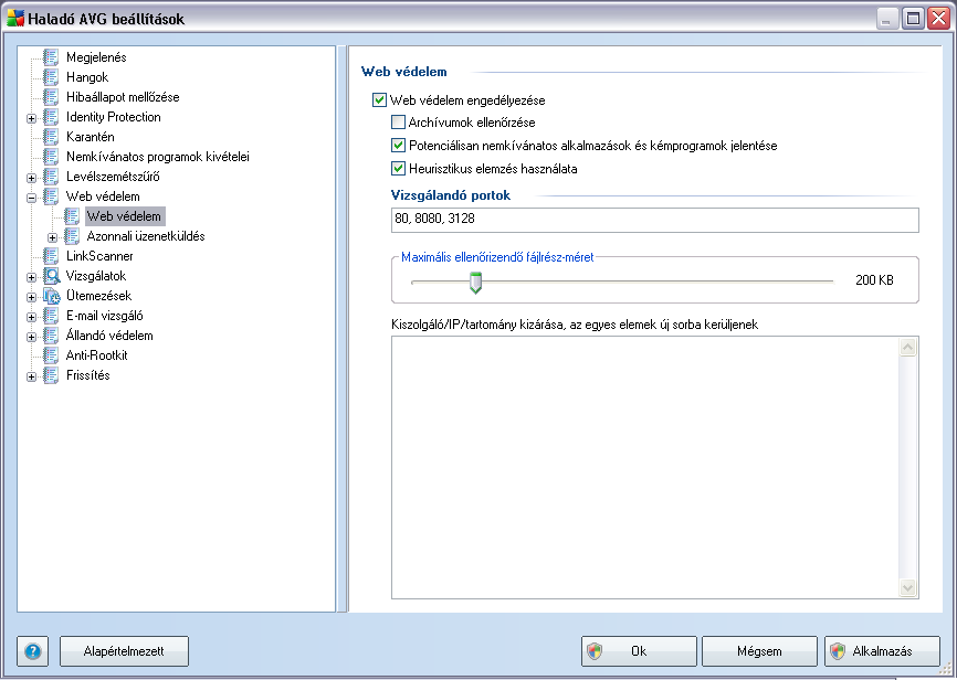 9.8.1. Web védelem A Web védelem ablakban szerkesztheti az összetevo beállításait a honlapok tartalmi vizsgálatának szempontjából.