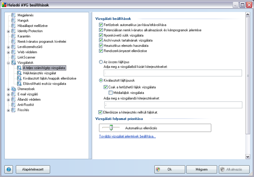 Vizsgálati beállítások A Vizsgálati beállításokrészen a vizsgálati paraméterek listáját találhatja, melyeket tetszolegesen be- és kikapcsolhat: Fertozés automatikus javítása/eltávolítása - ha vírust