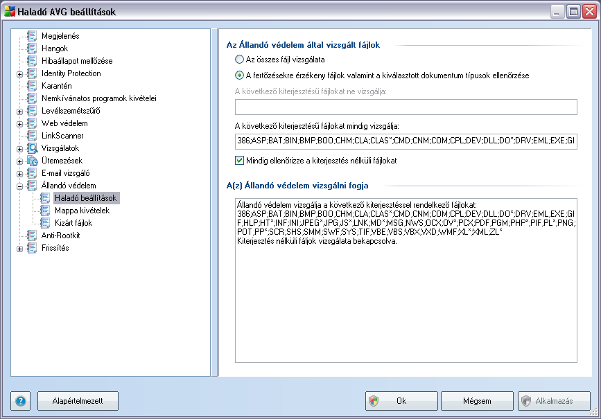 9.13.1. Haladó beállítások A Az állandó védelem által vizsgált fájlok ablakbanbeállíthatja, hogy mely fájlok legyenek vizsgálva ( megadott kiterjesztések): Megadhatja, hogy