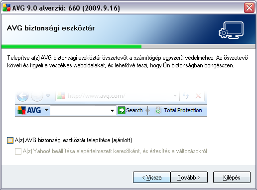 5.9. AVG Biztonság eszköztár Az AVG Biztonság eszköztár panelen eldöntheti, hogy akarja-e telepíteni az AVG Biztonság eszköztárat (a támogatott internetes keresomotorok eredményeinek