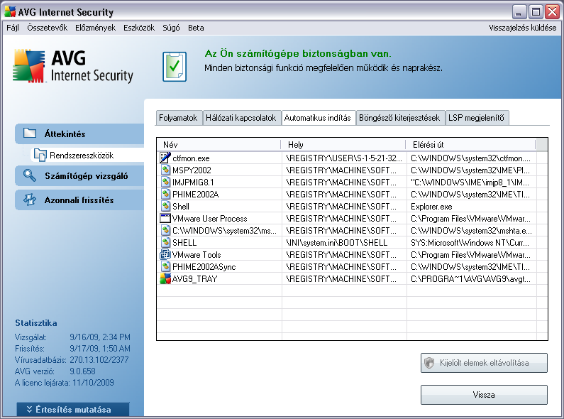 8.5.3. Automatikus indítás Az Automatikus indításpanel megjeleníti az összes olyan alkalmazást, mely a Windows rendszer indításakor elindul.