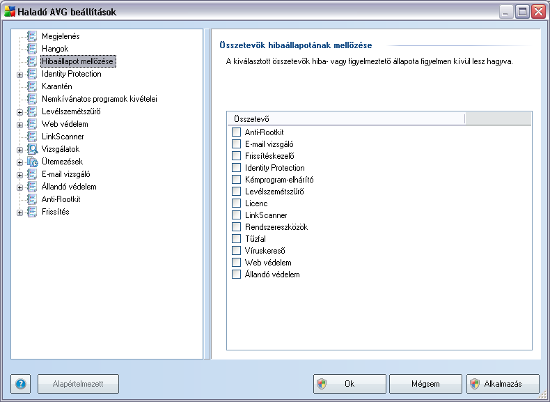 9.3. Hibaállapot mellozése Az Összetevok hibaállapotának mellozése panelen bejelölheti azokat az összetevoket, amelyekrol nem akar értesítéseket kapni: Alapállapotban egy összetevo sincs kiválasztva