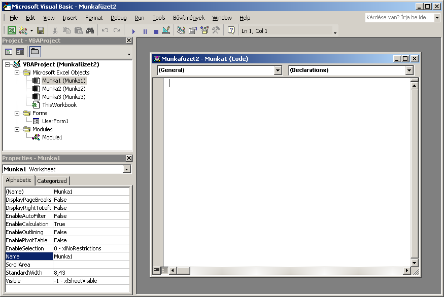 Hiba! A hivatkozási forrás nem található. Kattintsunk a már többször említett Visual Basic ikonra, és tekintsük meg részletesebben a megjelenő ablakot!