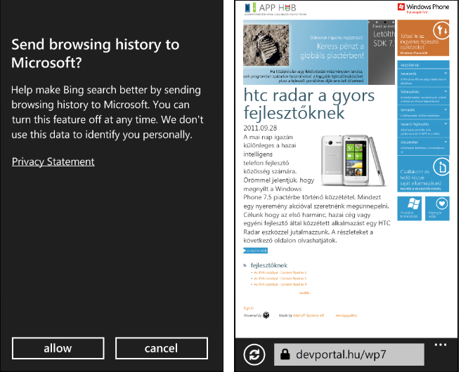 Launcherek webbrowsertask.uri = new Uri("http://www.devportal.hu/wp7", UriKind.Absolute); webbrowsertask.