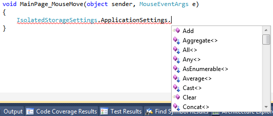 Application Settings 8-2 ábra: Bővítő metódusok egész sora áll a rendelkezésünkre Az ApplicationSettings egy speciális Dictionary<TKey, TValue> objektum, amely egy kulcs/érték párost tud tárolni, és