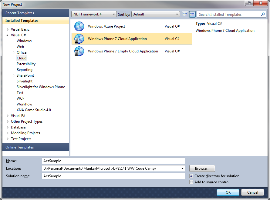 Felhasználó-hitelesítés szerveroldalról 9-12 ábra: A Windows Phone 7 Cloud Application projekttípus Ez a projekttípus nem egy üres alkalmazást, hanem egy kész sablont generál.