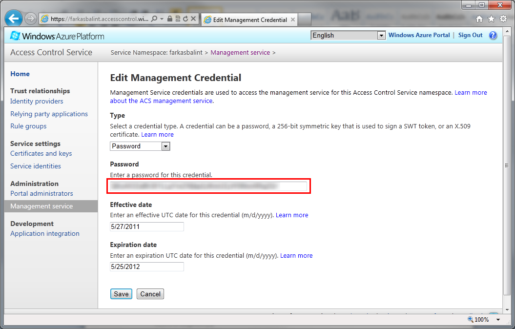 9. Kommunikáció szerverrel 9-13 ábra: Az Access Control a Windows Azure portálon Az Access Control webes interfészének bal oldalán kattintsunk a Management service elemre, majd válasszuk a Management