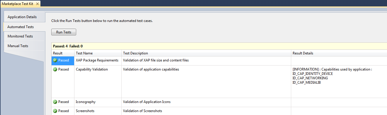 12. Marketplace Automated Tests 12-15 ábra: Application Details (Marketplace Test Kit) Az Automated Tests fülön (12-16 ábra) az általános kritériumokat tudjuk tesztelni, például az alkalmazás méretét