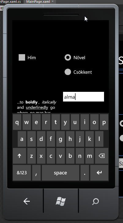 3. Alkalmazásfejlesztés Windows Phone-on Amikor a TextBox szövege megváltozik, elkaphatjuk a TextChanged eseményt.